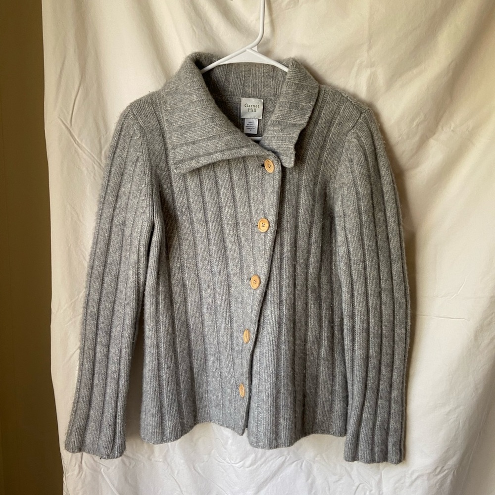 Garnet Hill Asymmetrical Gray Wool Cashmere Button-down sweater